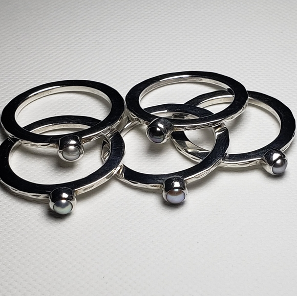 Five Colored Pearl Stacking Silver Rings Set 925 - Picture 3 of 6